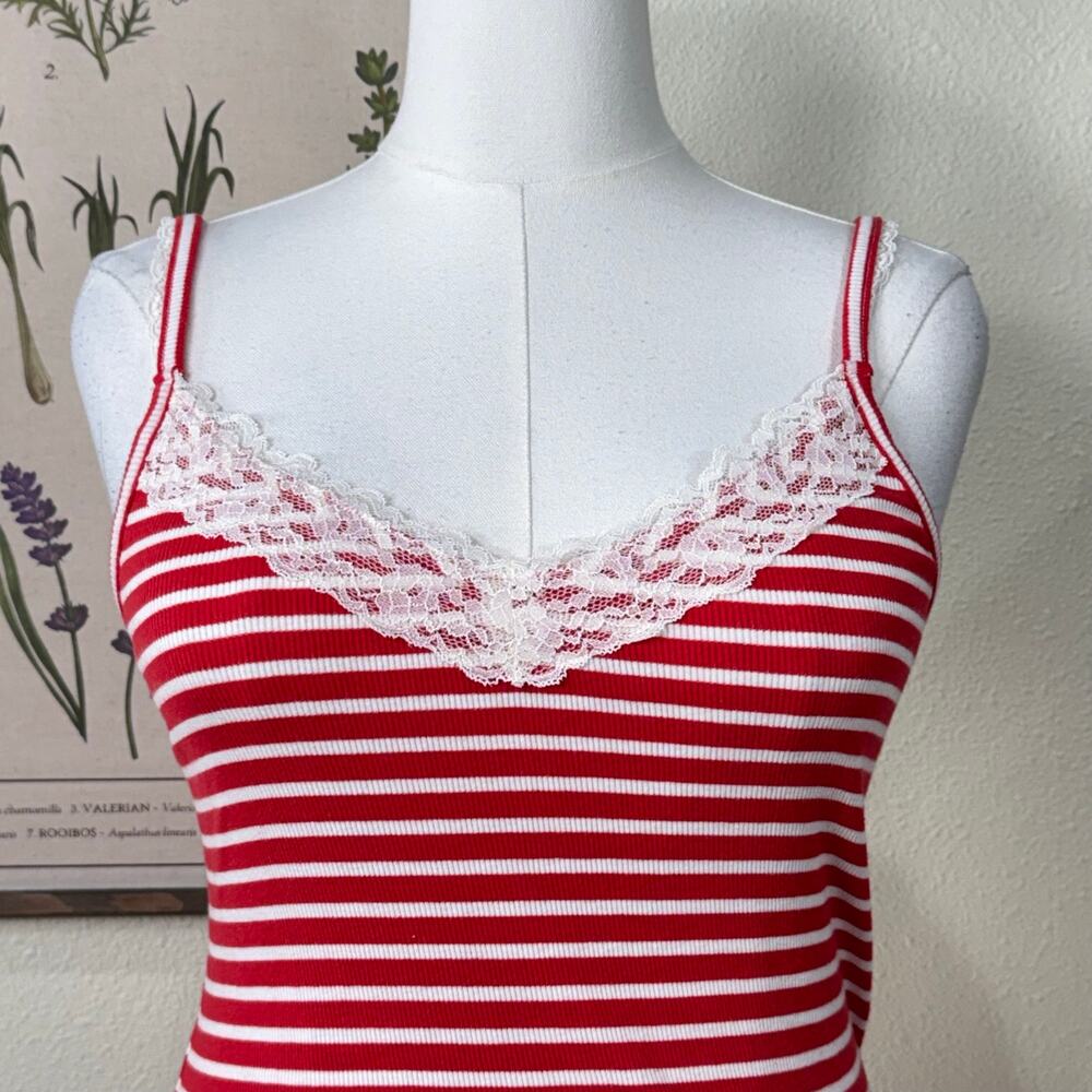 Y2k Red White Striped Lace Ribbed Knit Cami Top Coquette Classic Nautical L - Picture 3 of 8